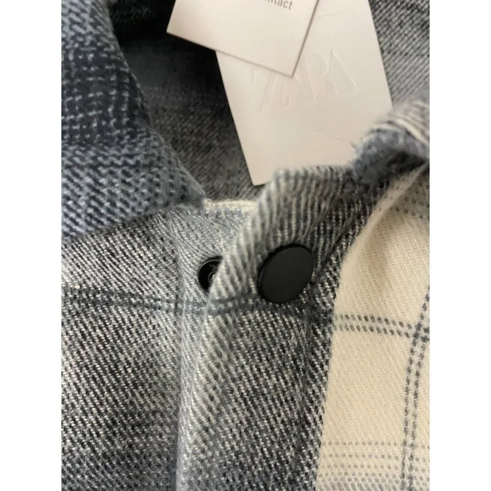 Zara Mens Overshirt Jacket M Blue Plaid Shearling Lined Flannel 7446/326 NWT